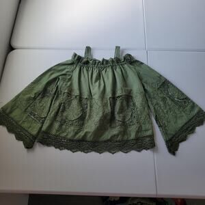 Fairy Whimsical Boho Blouse Womens XS Green Off Shoulder Crochet Bell Sleeve